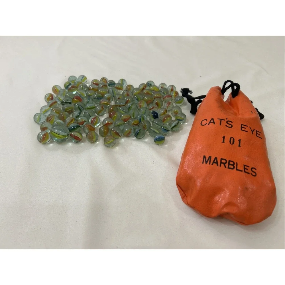 101 CAT'S EYE Marbles In Orange Drawstring Vinyl Bag